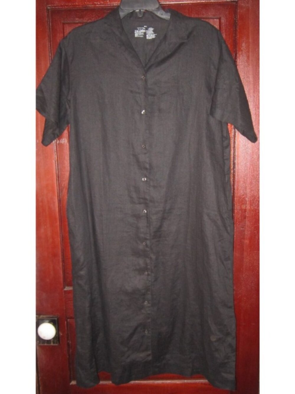 MUJI Size M L 100% Linen Midi Shirt Dress Pockets Short Sleeve Button Long Black